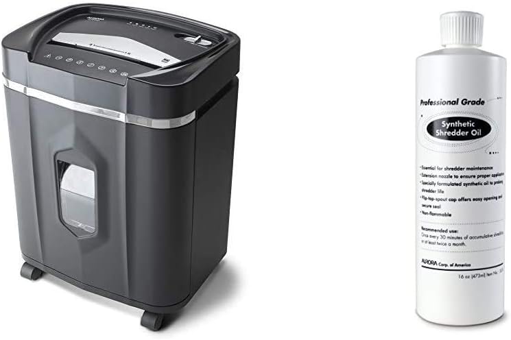 Aurora AU1640XA Anti-Jam 16 Sheet Crosscut Paper/CD and Credit Card/ 5 Gal Pullout Basket Shredder, 30 Minutes Continuous Run Time and Aurora SL16 Professional Grade Synthetic Shredder Oil, 16 Oz Flip-Top Leak Proof Bottle