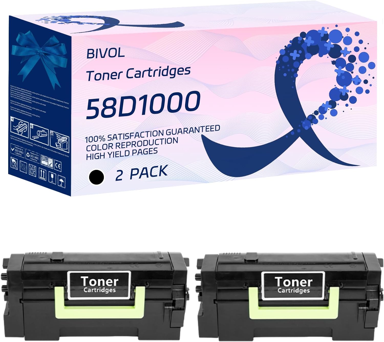 BIVOL 58D1000 Toner Cartridges Compatible for Lexmark MS725dvn 821dn 821n 822de 823dn 823n 825dn 826de Printers, with Chip, High Yield 7500 Pages, Vivid Colors (2-Pack Black)