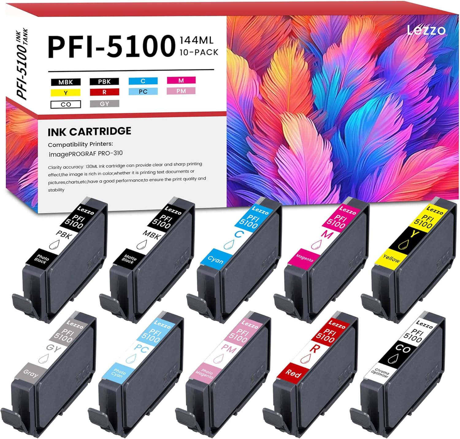 PFI-5100 Ink Cartridge 10-Pack High Capacity PFI5100 Ink Tank Replacement for Canon PFI-5100 PFI5100 Ink Cartridge for imagePROGRAF PRO310 Printer (MBK, PBK, C, M, Y, R, GY, PC, PM, CO)