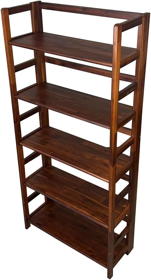 Solid Acacia 5 Tier Folding Bookcase Brown Mid-Century Modern Contemporary Lacquer Foldable Wood