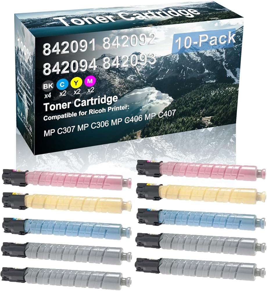 10 Pack (BK+C+Y+M) Compatible Toner Cartridge Replacement for Ricoh 842091 842092 842094 842093 Printer Cartridge use for Ricoh MP C307 MP C306 MP C406 MP C407 Printer (High Capacity)