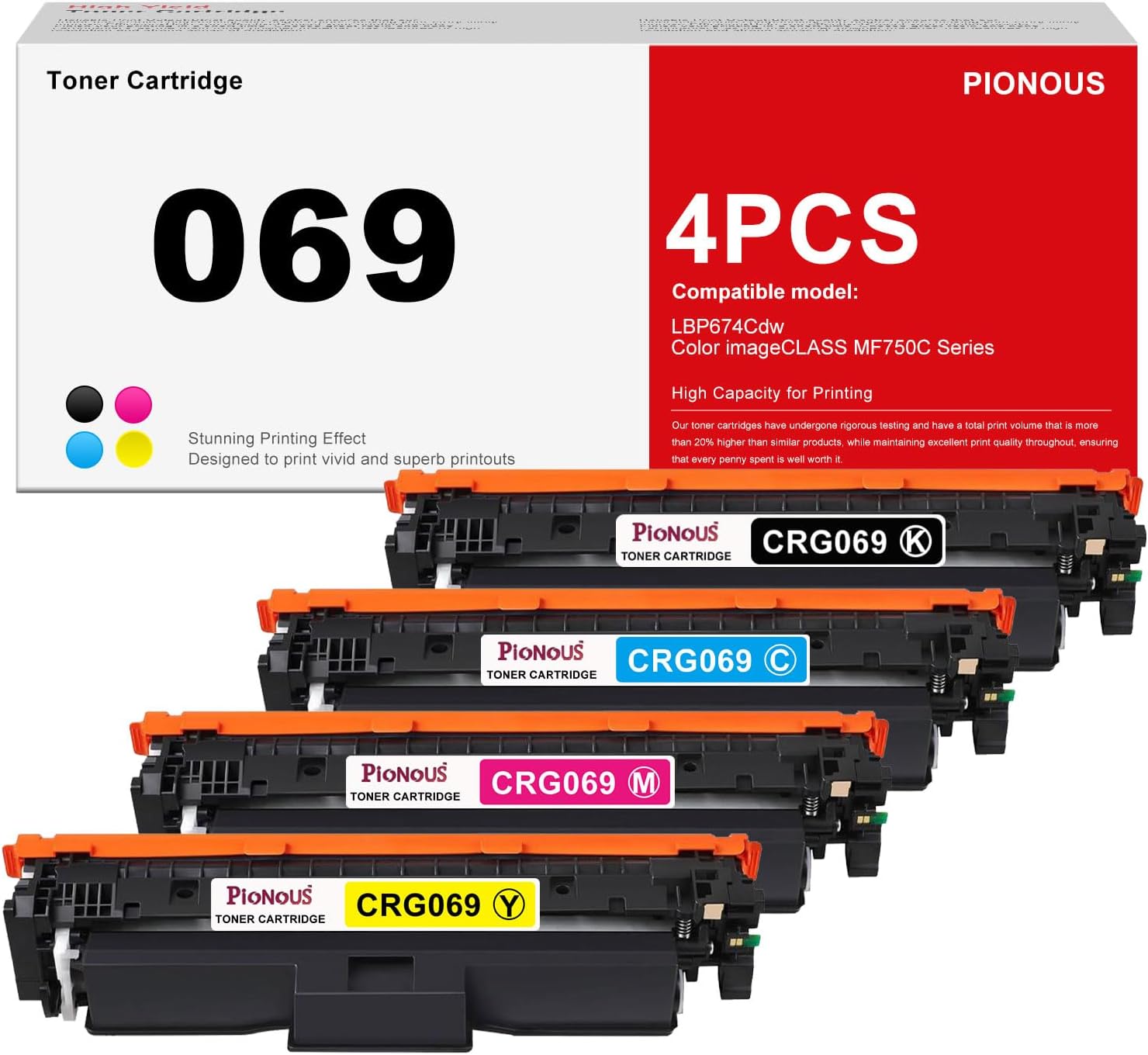069 Toner Cartridge 4-Pack - Replacement for 069/069H/CRG069 - Compatible with imageCLASS MF753Cdw, MF751Cdw, LBP674Cdw, LBP673Cdw Printers (Black, Cyan, Magenta, Yellow)
