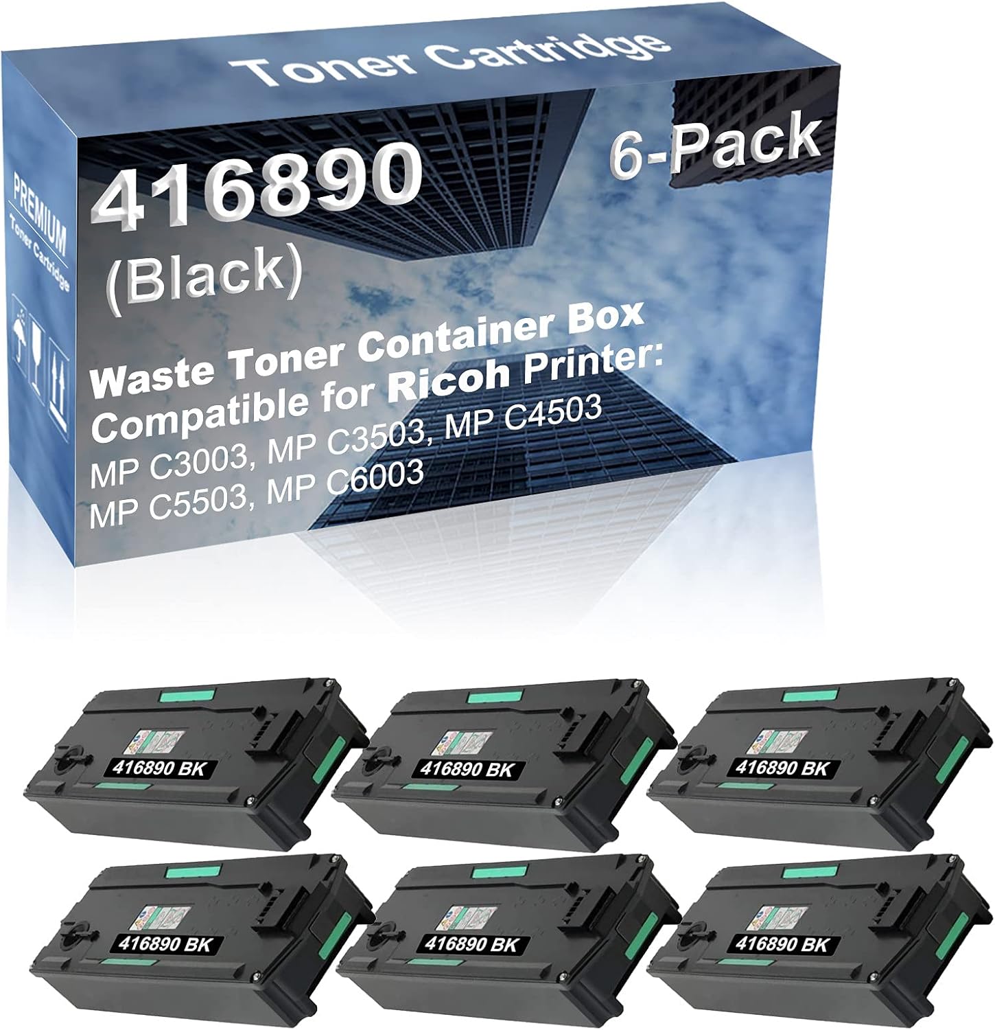 6-Pack Compatible High Capacity 416890 Waste Toner Container Box use for Ricoh MP C3003, MP C3503, MP C4503, MP C5503, MP C6003 Printer (Black)