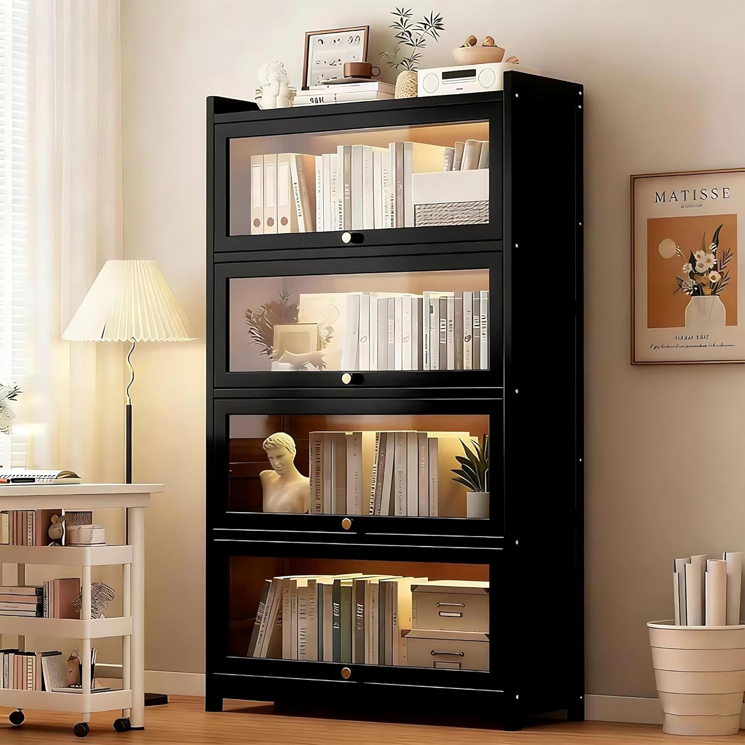 famlycokli Bamboo Bookshelf with Acrylic Doors, 4-Tier Tall Bookcase with Flip-Up Doors, Freestanding Display Cabinet for Living Room/Study, Brown