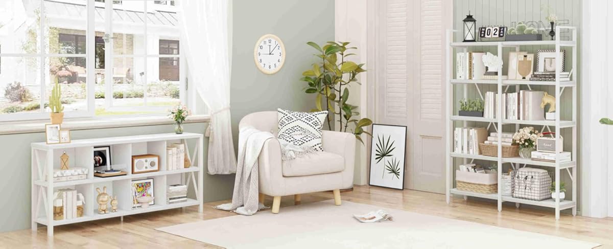 FATORRI Modern Tall Bookshelf and Horizontal Bookcase for Home Office (White Oak)