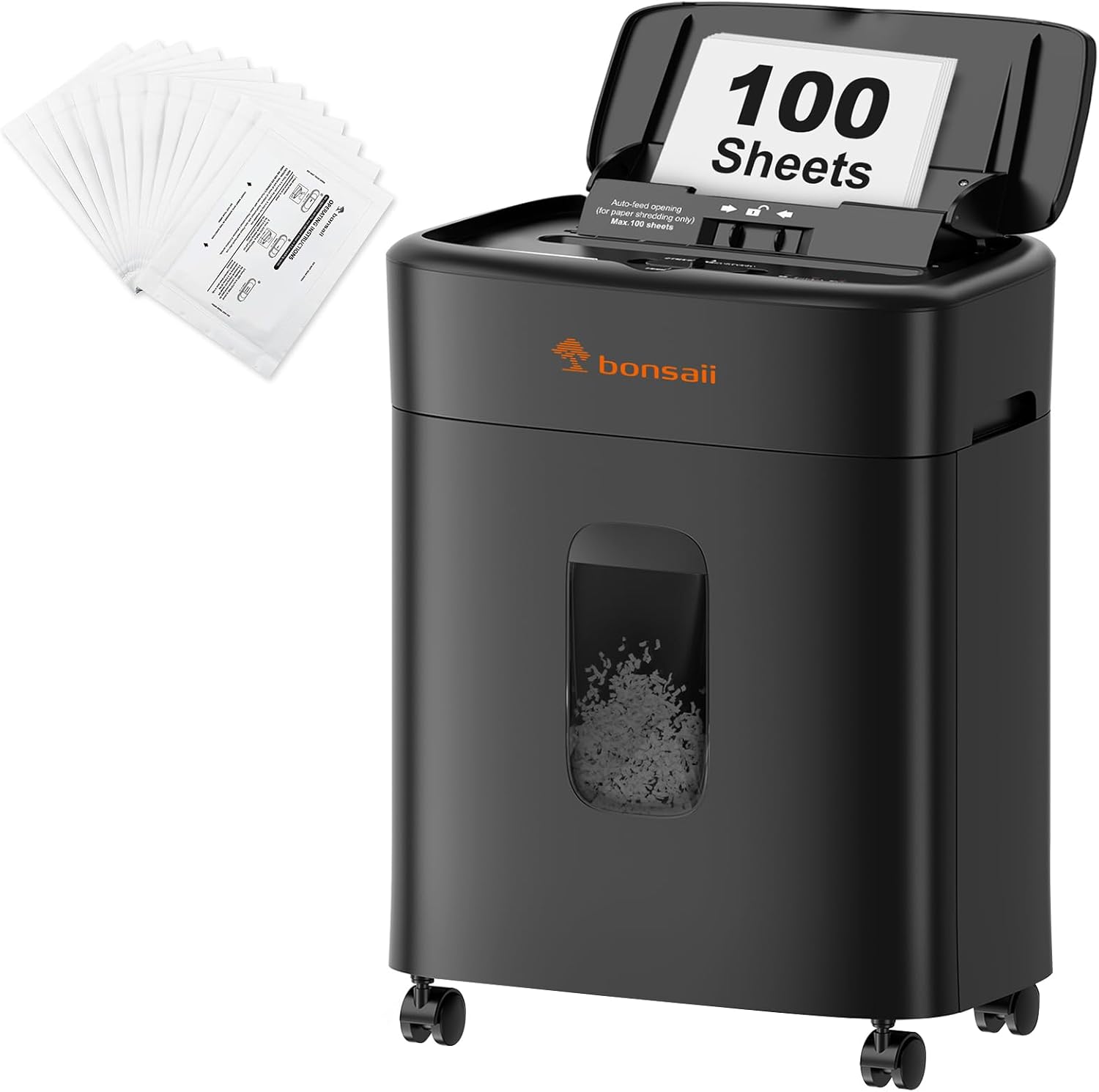 Bonsaii 100 Sheets Auto Feed Paper Shredder and 12-Pack Shredder Lubricant Sheets