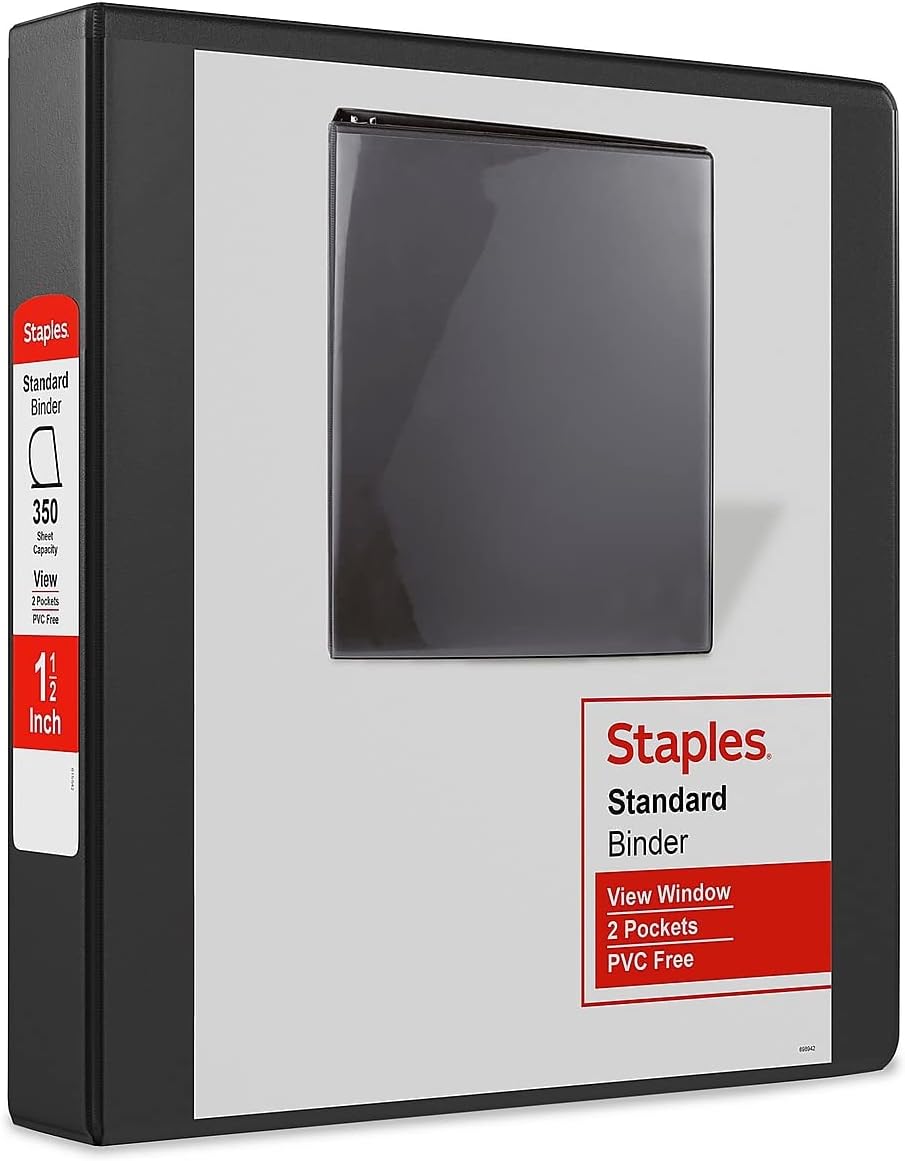 Staples 2661500 Standard 1.5-Inch 3-Ring View Binders Black 12/Carton (26437CT)