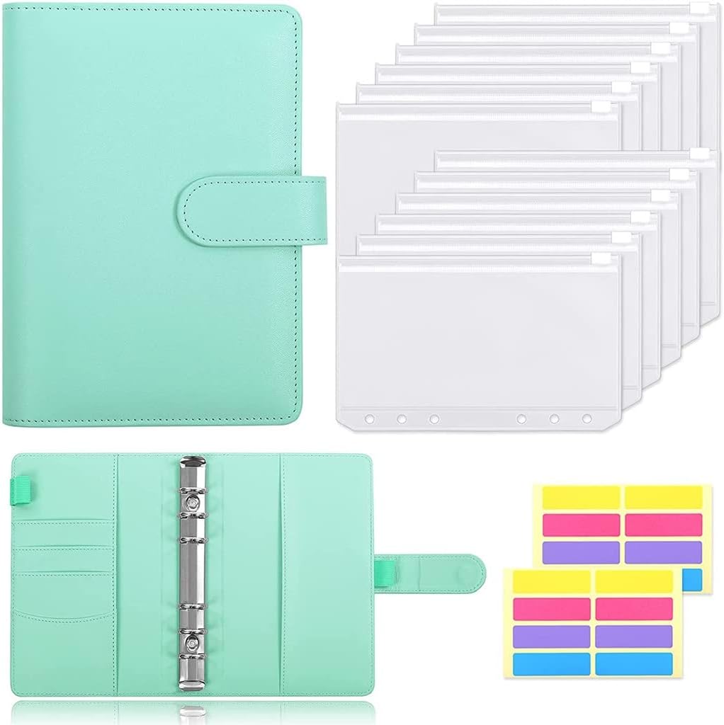 PSJVUR A6 PU Leather Binder Budget Cash Envelopes System Planner Organizer with 12pcs Clear Zipper Pockets and Label Stickers