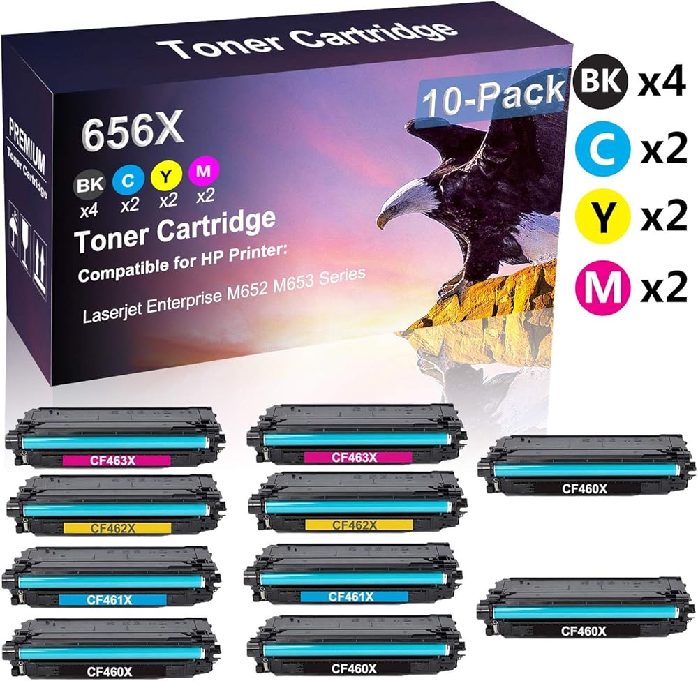 10 Pack (4B+2C+2Y+2M) Compatible Laserjet Enterprise M652 M653 Imaging Toner Cartridge Replacement for HP 656X CF460X CF461X CF462X CF463X Toner Cartridge(High Capacity)