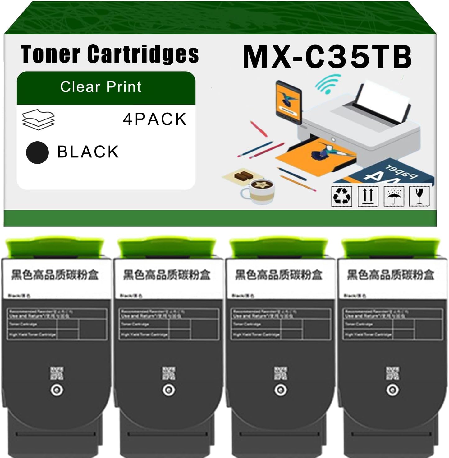 AGNNQ Compatible for Sharp MX-C35TB Toner Cartridges MX-C357F MX-C407P Printers, High Yield 10000 Pages Bright Clear Colors (4 Pack Black)