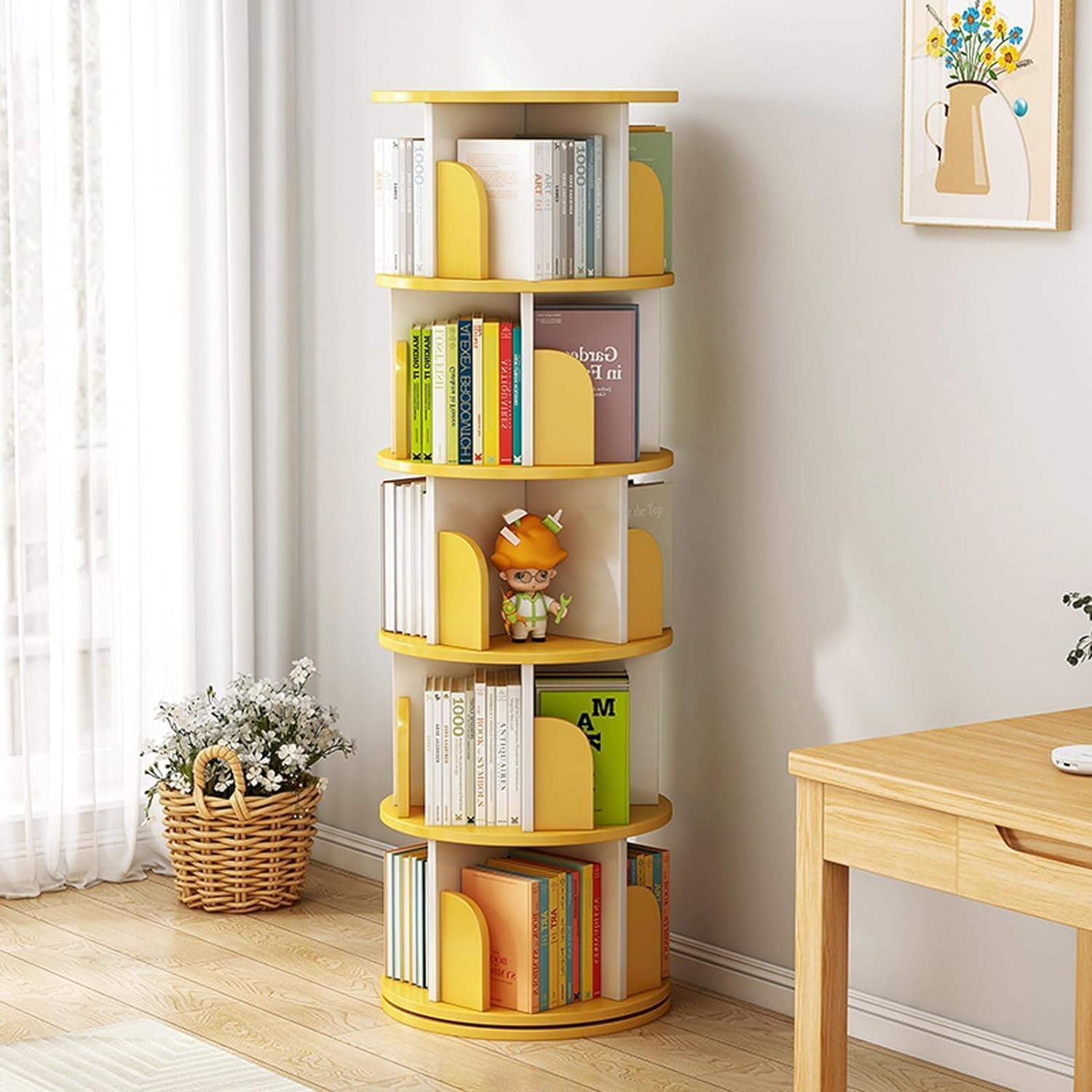BKEKM Bookcase 3-tier/4-tier Floor Standing Book Shelf Standing Bookcase Wooden 360° Rotating Bookshelf for Home Office Book Shelf