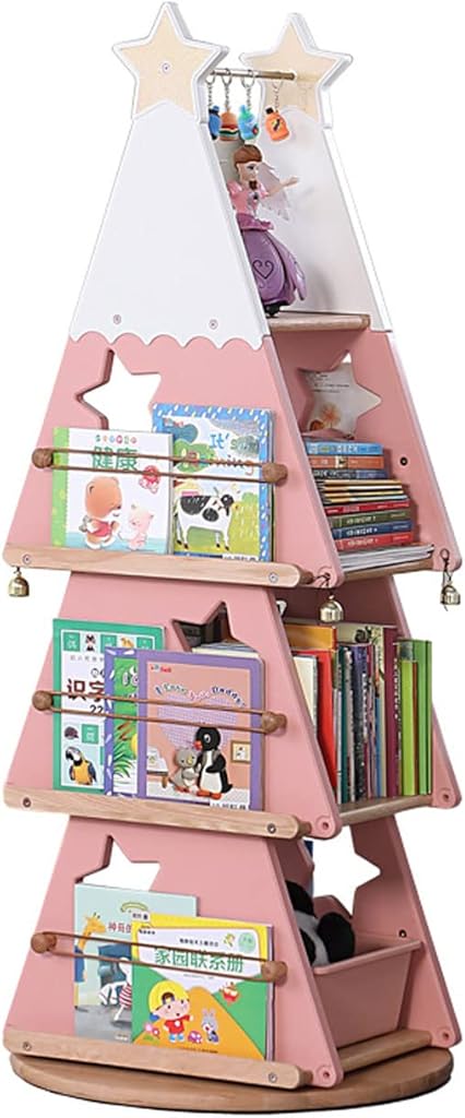 Solid Wood Rotating Bookshelf 360 Display 5 Tier Floor Standing Christmas Tree Shaped Bookcase Toy Cabinet Storage Rack for Kids & Adults