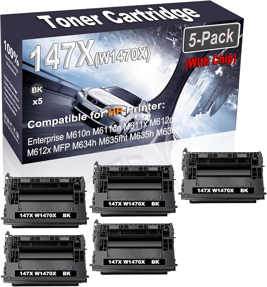 5-Pack (Black) Compatible 147X W1470X (with Chip) Printer Toner Cartridge (High Capacity) fit for HP Enterprise M610n M611dn M611x M612dn M612x Printer