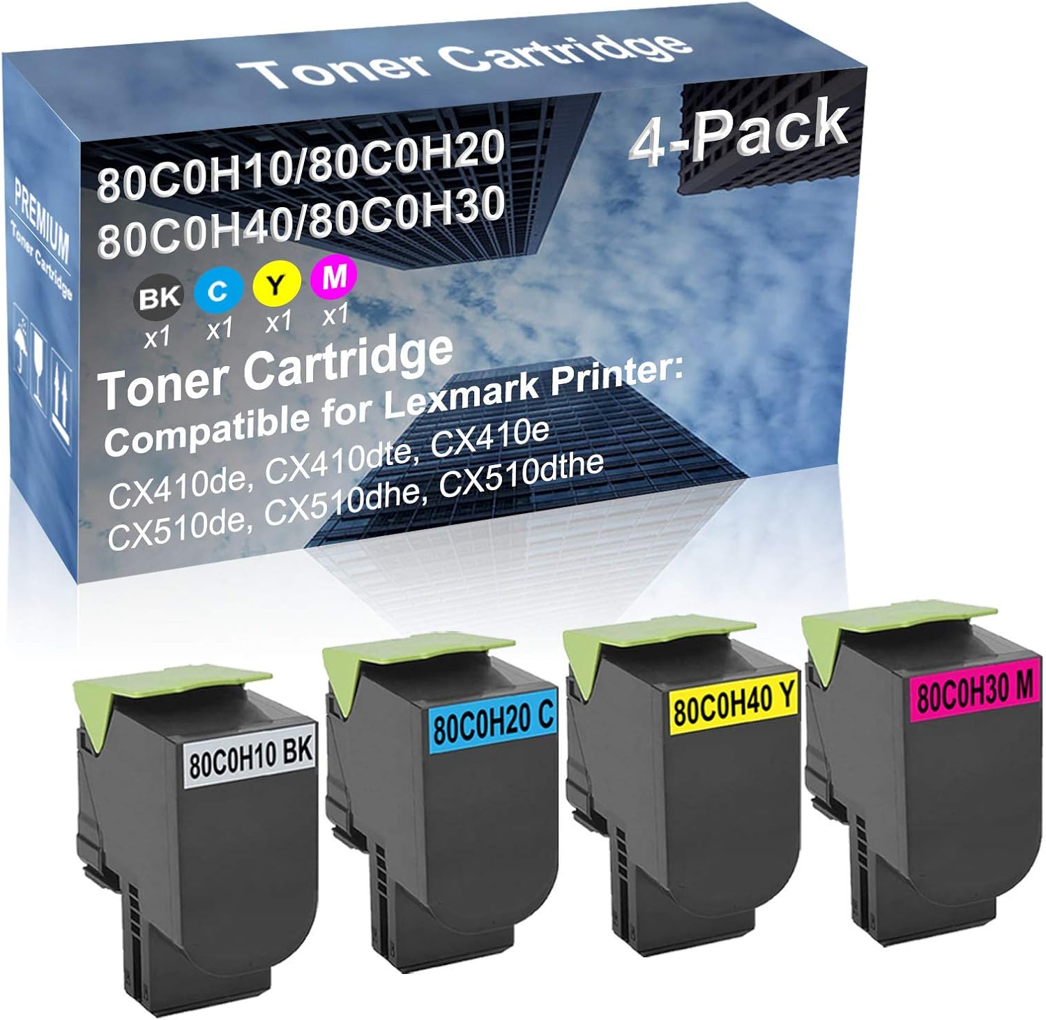 4-Pack (BK+C+Y+M) Compatible CX410e, CX510de Printer Toner Cartridge High Capacity Replacement for 80C0H10+ 80C0H20+ 80C0H40+ 80C0H30 Toner Cartridge