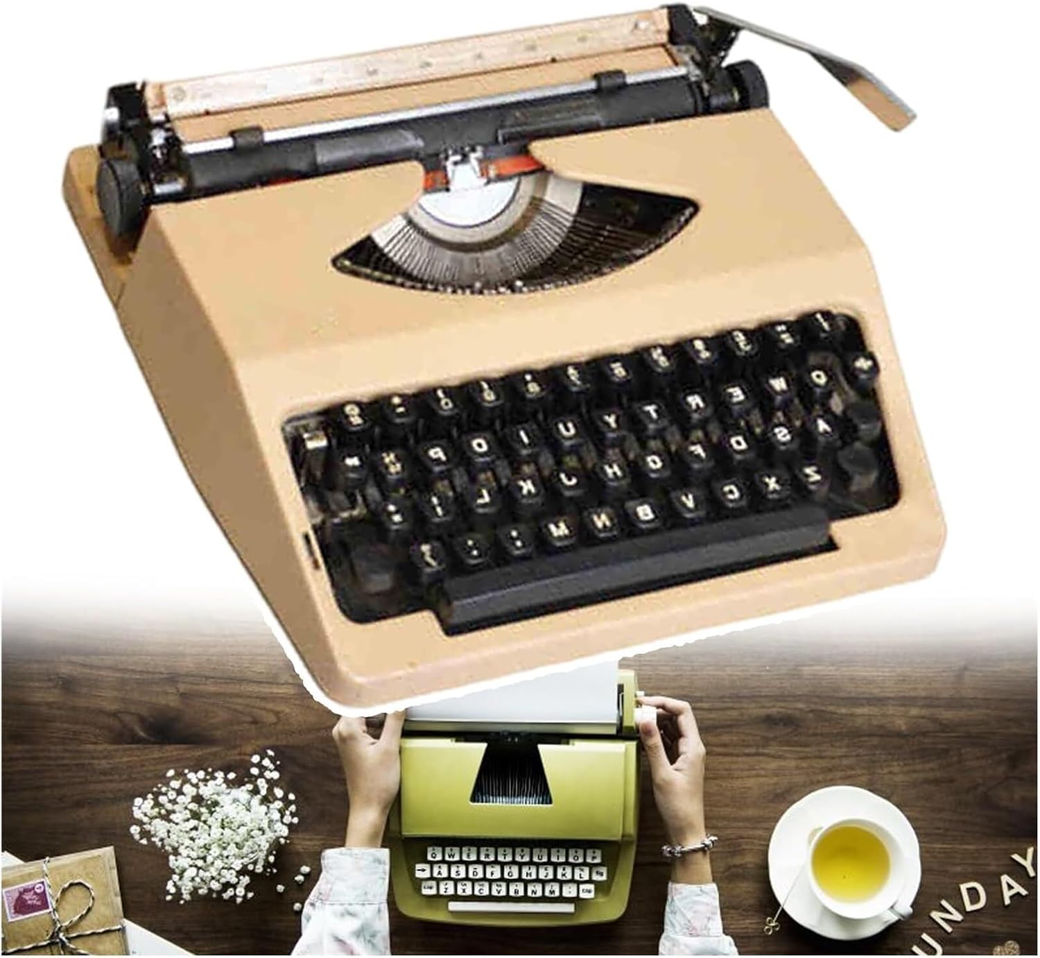 Portable Manual Typewriter Machine,Vintage Classic Retro Old for Writers,No Power Supply,Can Be Used for Decoration Home,Cafe Bar(Milkteacolor)
