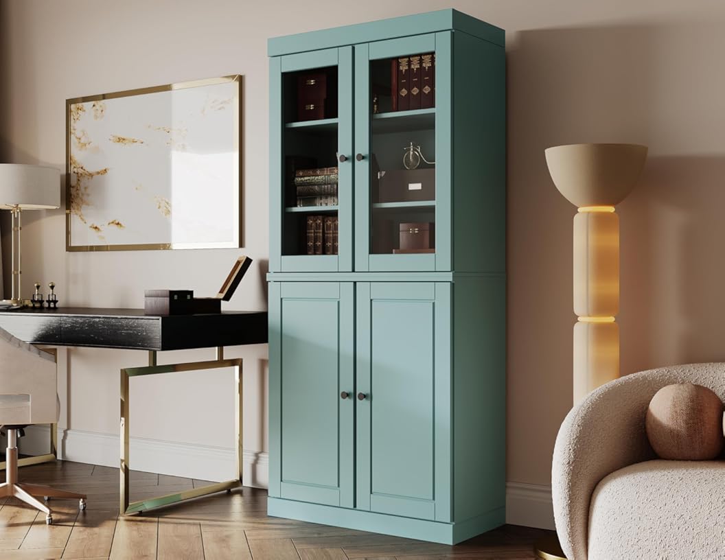 Palace Imports Solid Wood Bookcase - 6-Tier Bookshelf, 71.5” H x 32” W - Tall Aqua Bookcase with Clear Glass Doors & Storage Cabinet for Living Room, 100% Renewable Eco-Friendly Wood, Made in Brazil