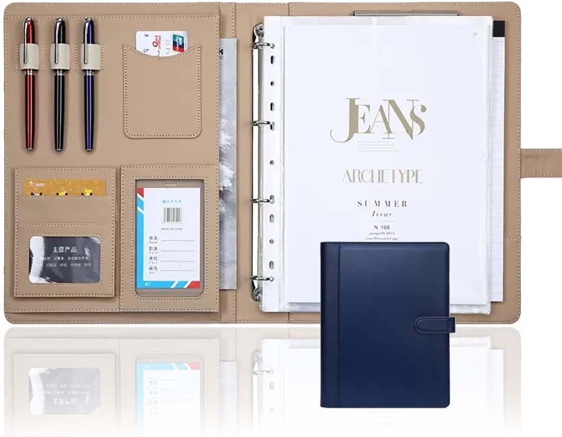 A4 Portfolio Padfolio PU Leather Business Notepad 3 Ring Binder Letter Sized Writing Pad Organizer Folder for Interview Resume Legal Document (Color : Blue, Size : No Calculator) (Blue No calculator)
