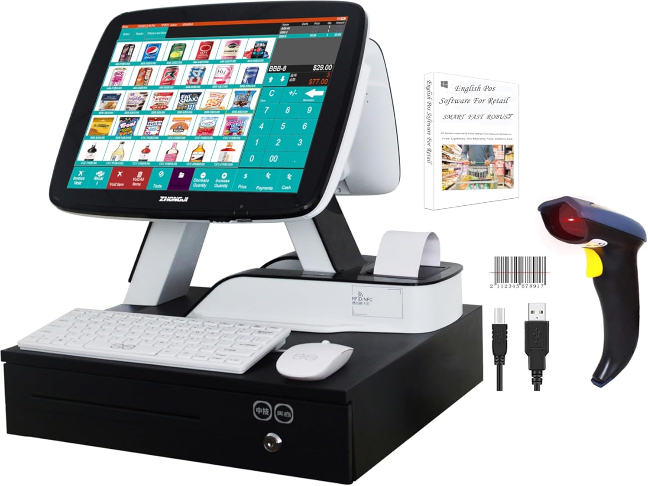 (Ship from USA) POS Cash Register 15'' Touch Screen Windows PC with Built-in 2 1/4'' Thermal Receipt Printer for Retail Businesses SET02