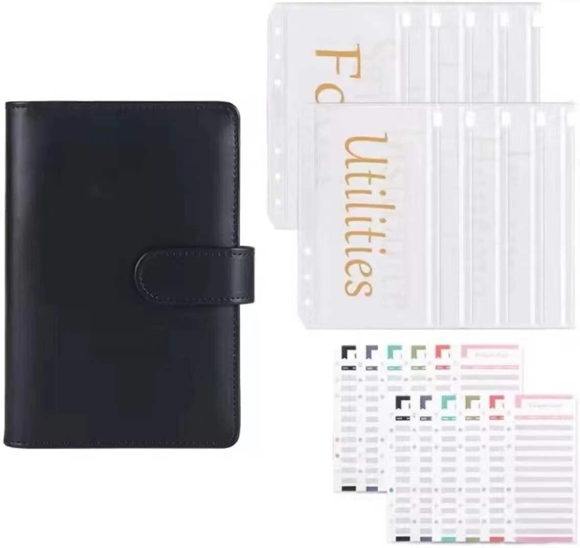 PSJVUR A6 Budget Binder with 10pcs Pre-Printed Cash Envelopes for Budgeting, 12pcs Expense Sheets, Money Organizer for Saving