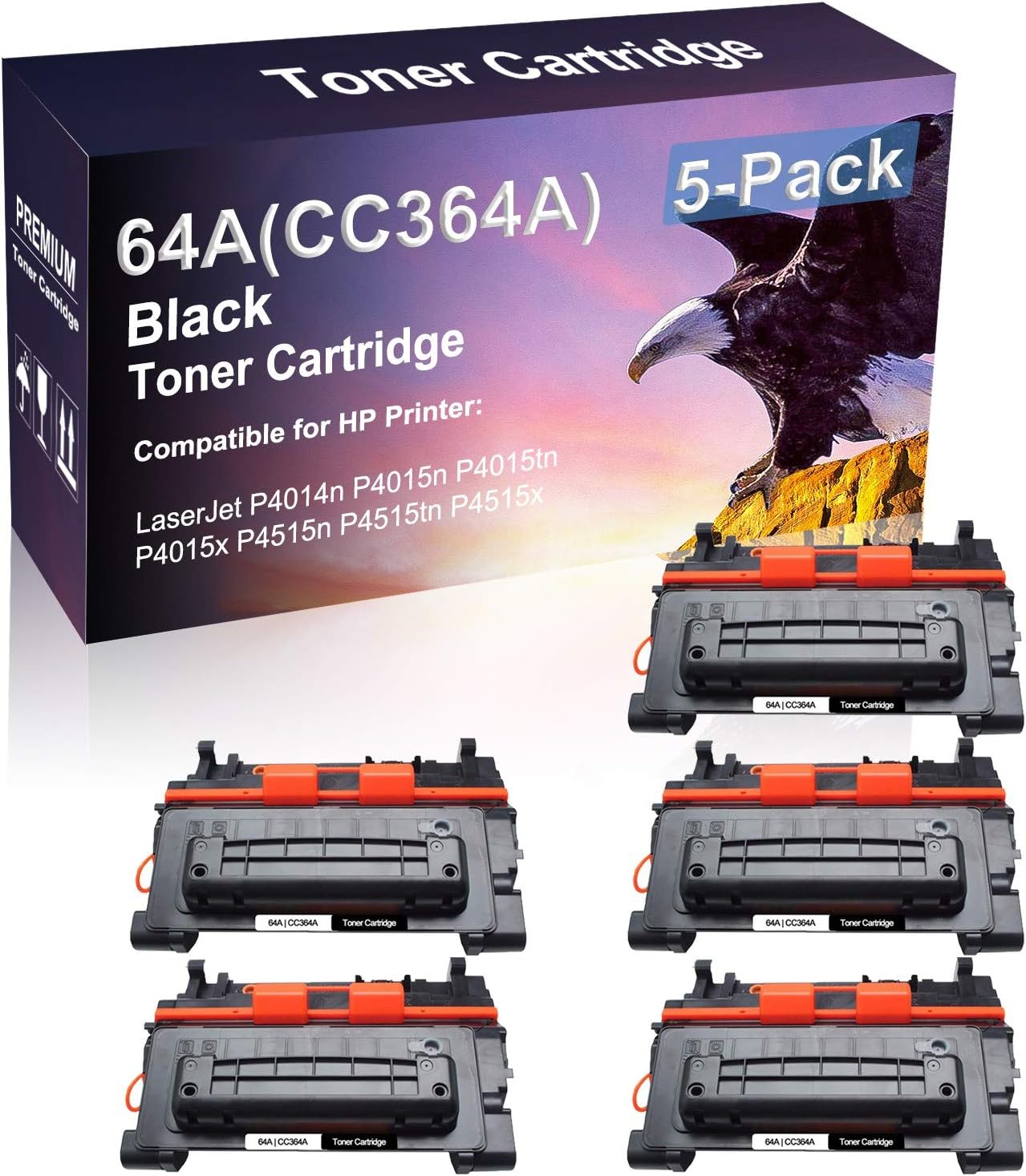 5 Pack (Black) Compatible Laserjet Pro P4015x P4515n P4515tn Printer Toner Replacement for HP 64A CC364A Imaging Toner Cartridge