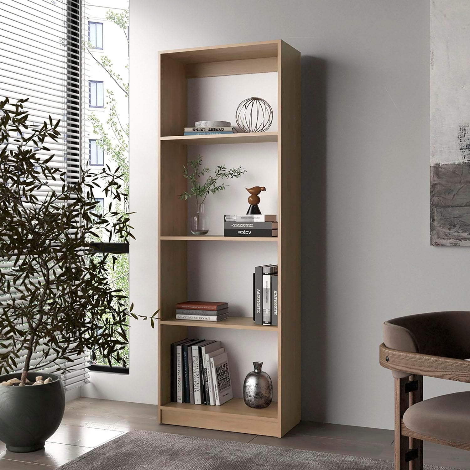 QUAOPEFURN Upgrade Your Living Space with The Bookcase: Open Storage & 4 Stylish Shelves in Natural Oak & White, Ideal for Multicolor Settings - Strong Particle Board for Ultimate Support!