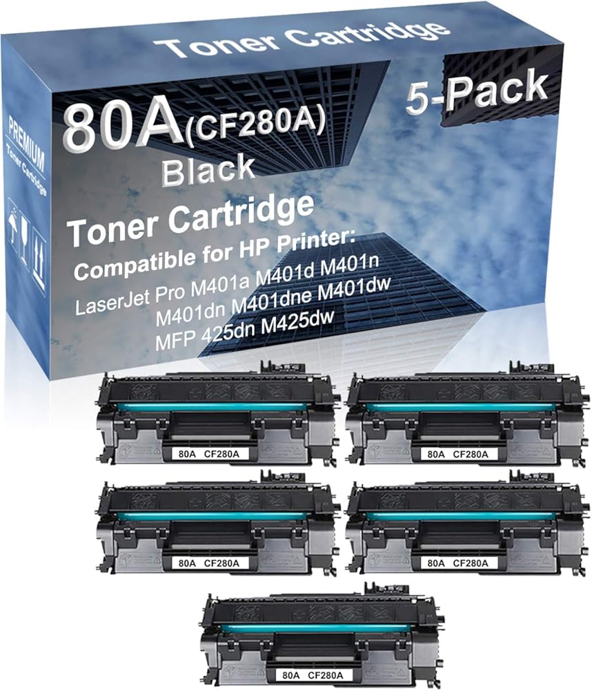 5-Pack Compatible High Capacity MFP 425dn M425dw Printer Toner Cartridge Replacement for (CF280A) 80A Printer Cartridge (Black)