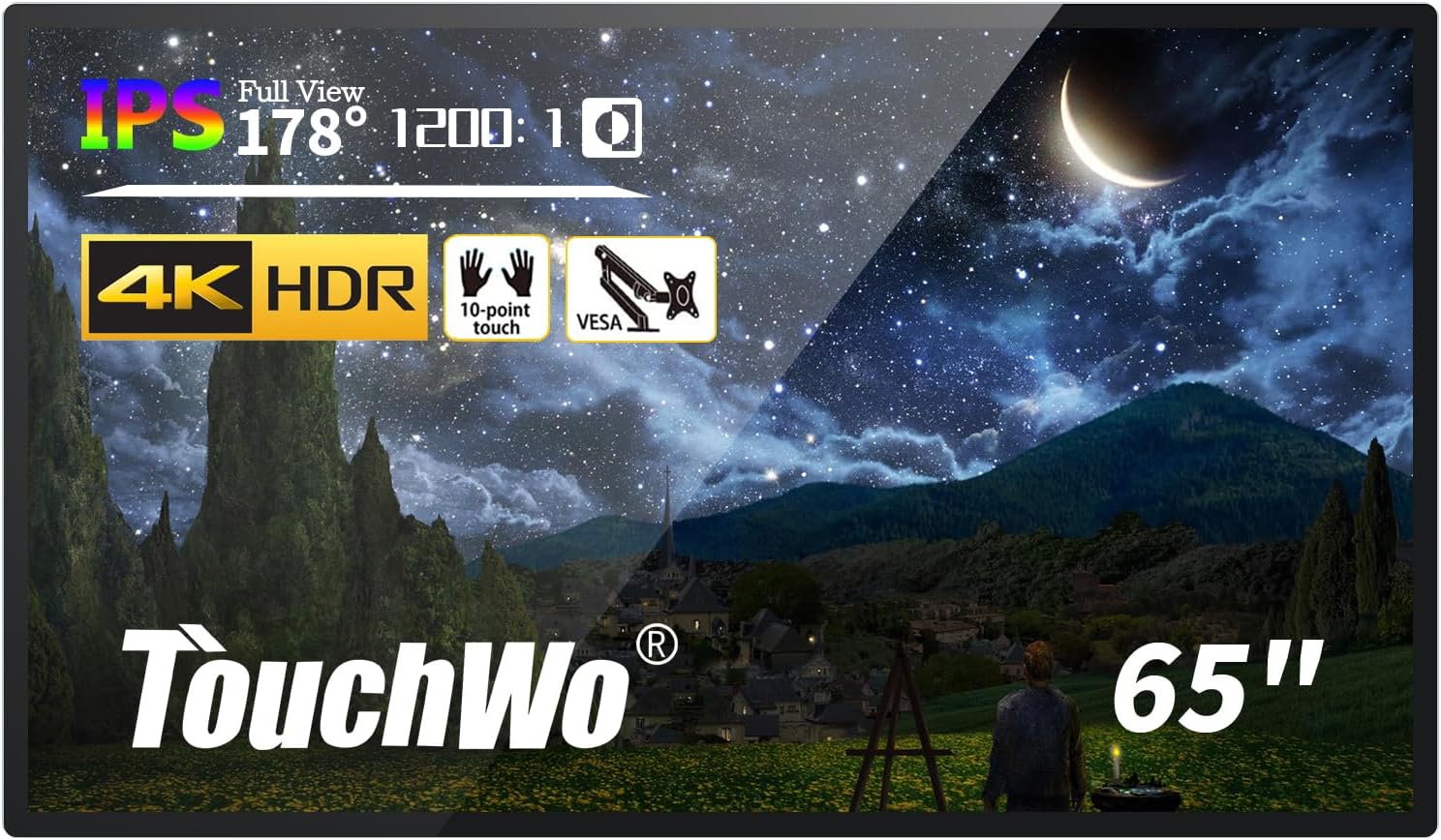 TouchWo 65-inch Interactive Touchscreen Monitor, Electronic Whiteboard Touch Screen with 4K Display, Smart Board for Home Office and Classroom, Bundled Android 12, RAM 4G & ROM 64G