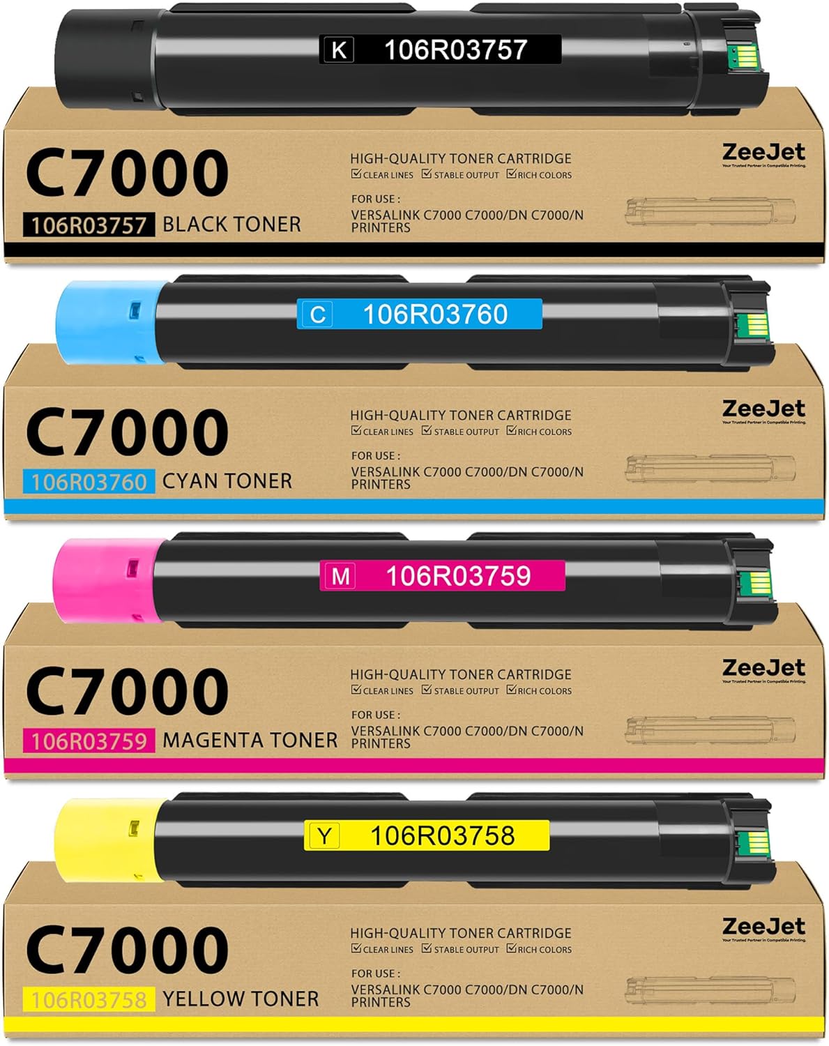 Zeejet VersaLink C7000 Toner Cartridges Replacement for Xerox VersaLink C7000 C7000DN C7000N Printer Ink 106R03757 106R03758 106R03759 106R03760 Toner High Capacity 4-Pack (Black Cyan Magenta Yellow)