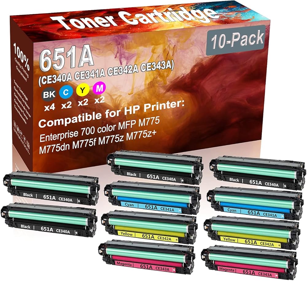 10-Pack (4BK+2C+2Y+2M) Compatible Enterprise 700 Color MFP M775 Laser Toner Cartridge (High Capacity) Replacement for HP 651A (CE340A CE341A CE342A CE343A) Printer Toner Cartridge