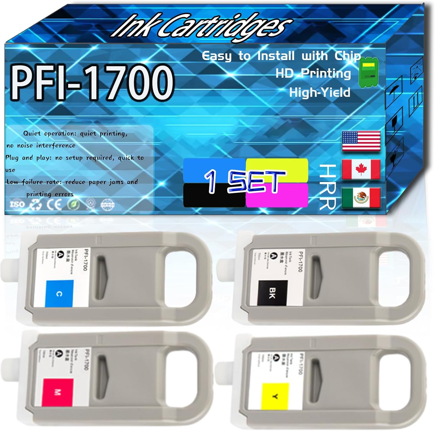 PFI-1700 Ink Cartridges Compatible for Canon imagePROGRAF PRO4000 Printers, High Production Replacement (4-Pack BK/C/M/Y)