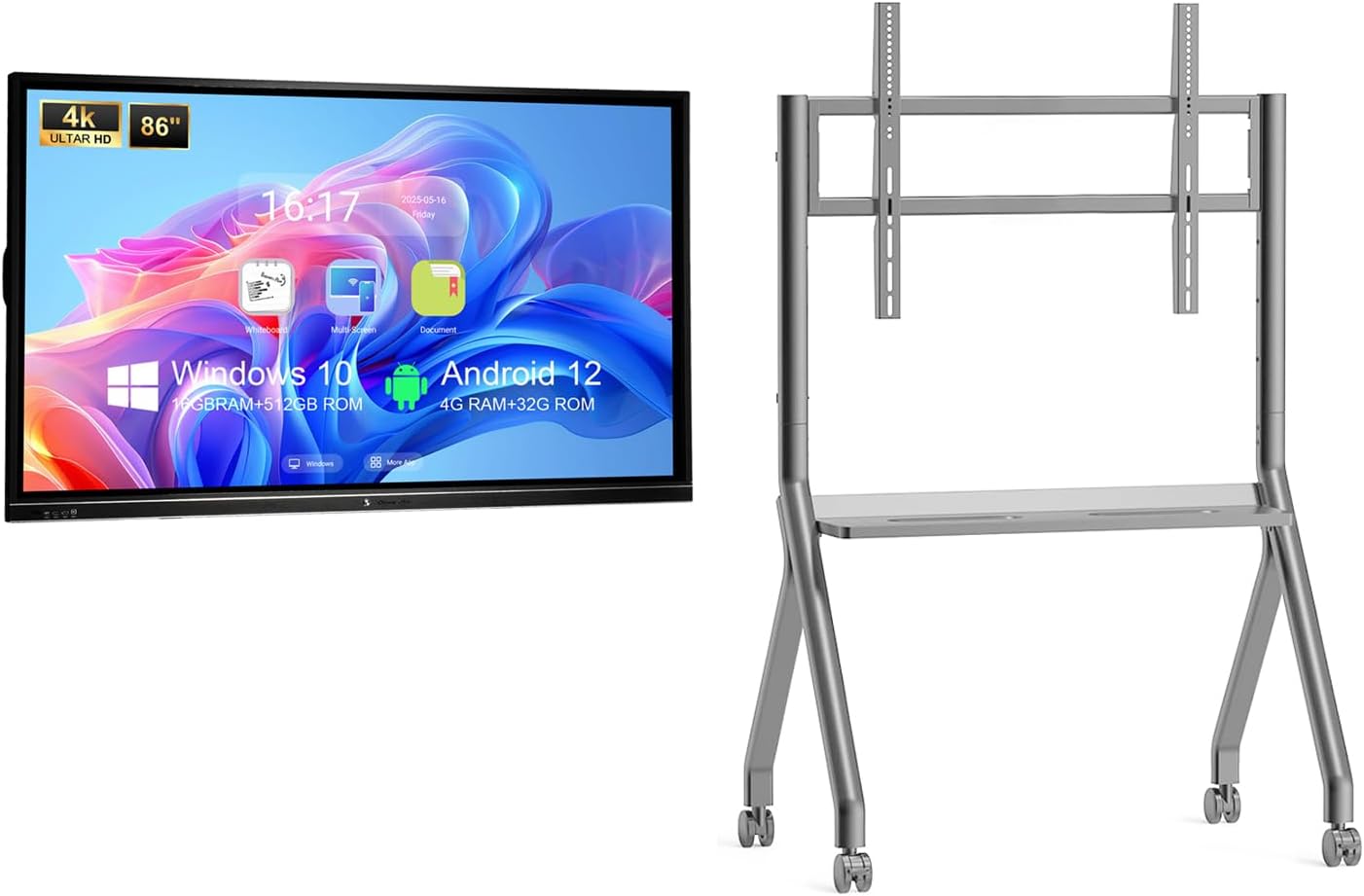 86″ Smart Board with VASE Stand, 4K Interactive Whiteboard with Dual System, 16+512GB Digital Whiteboard Display for Classroom, Home and Business Office, Google EDLA certified (Wall Mount Included)