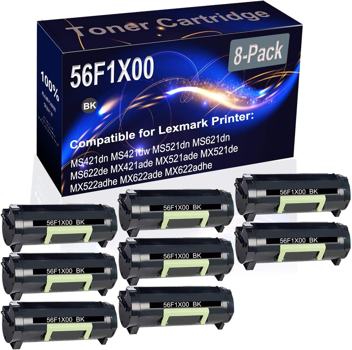 Kolasels 8-Pack (Black) Compatible MS421dn MS421dw MS521dn MS621dn MS622de MX421ade MX521ade Laser Printer Cartridge (High Capacity) Replacement for 56F1X00 Printer Cartridge