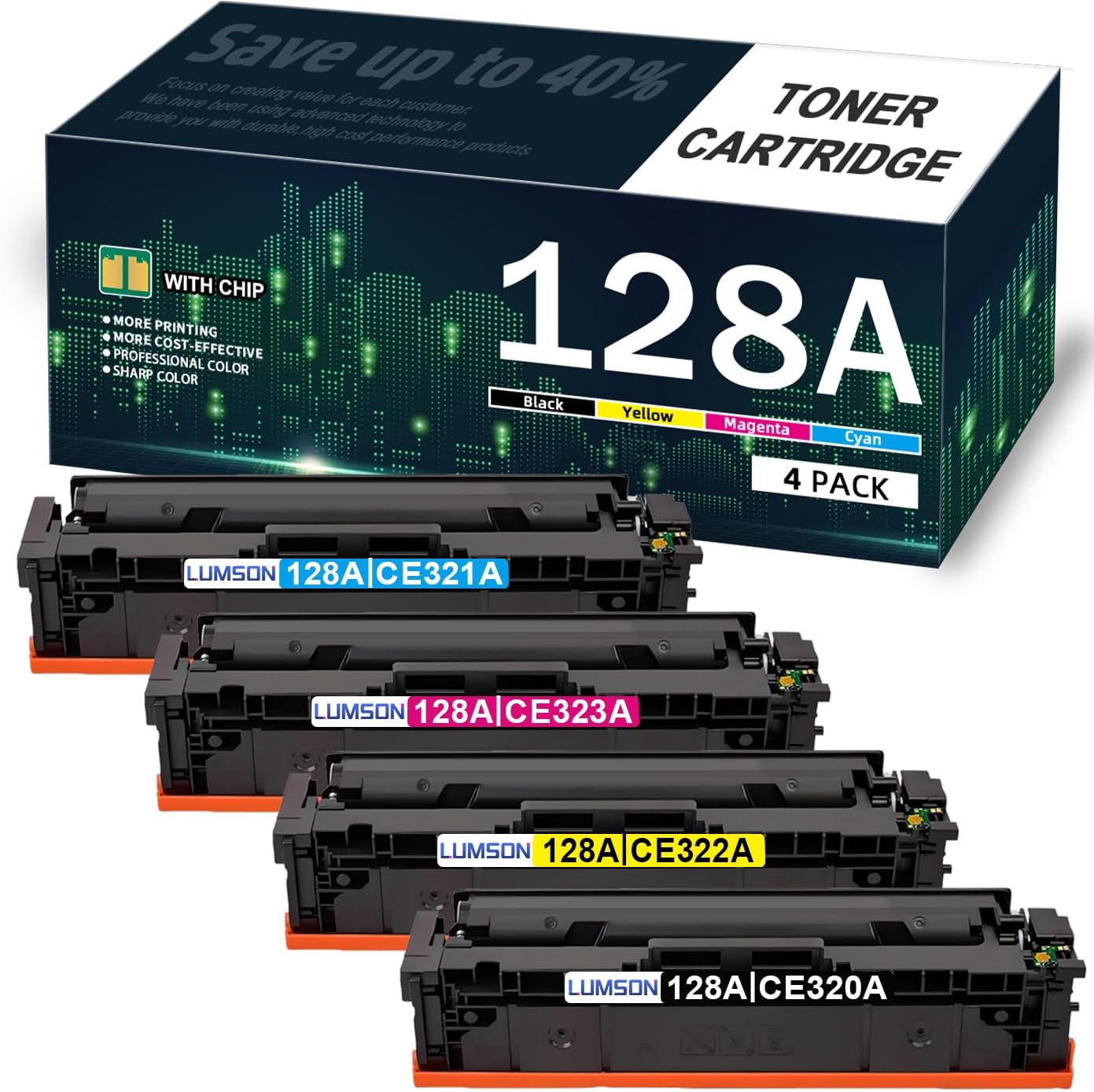 LUMSON 128A Toner High Yield ( with Chip ) Replacement for HP 128A Toner Cartridges CE320A CE321A CE322A CE323A Color CM1415fn MFP CM1415fnw MFP CP1525n CP1525nw Series , 4 Pack
