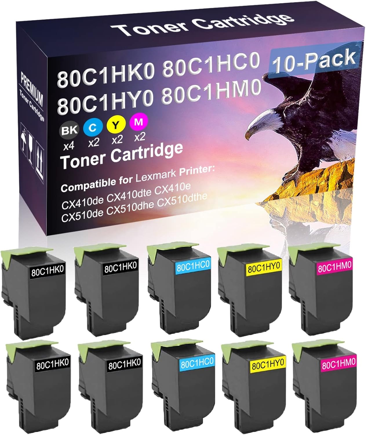 Credibility Store 10 Pack (BK+C+Y+M) Compatible High Capacity Printer Toner Cartridge Replacement for 80C1HK0 80C1HC0 80C1HY0 80C1HM0 Laser Toner Cartridge use for CX410e CX510de CX510dhe Printer