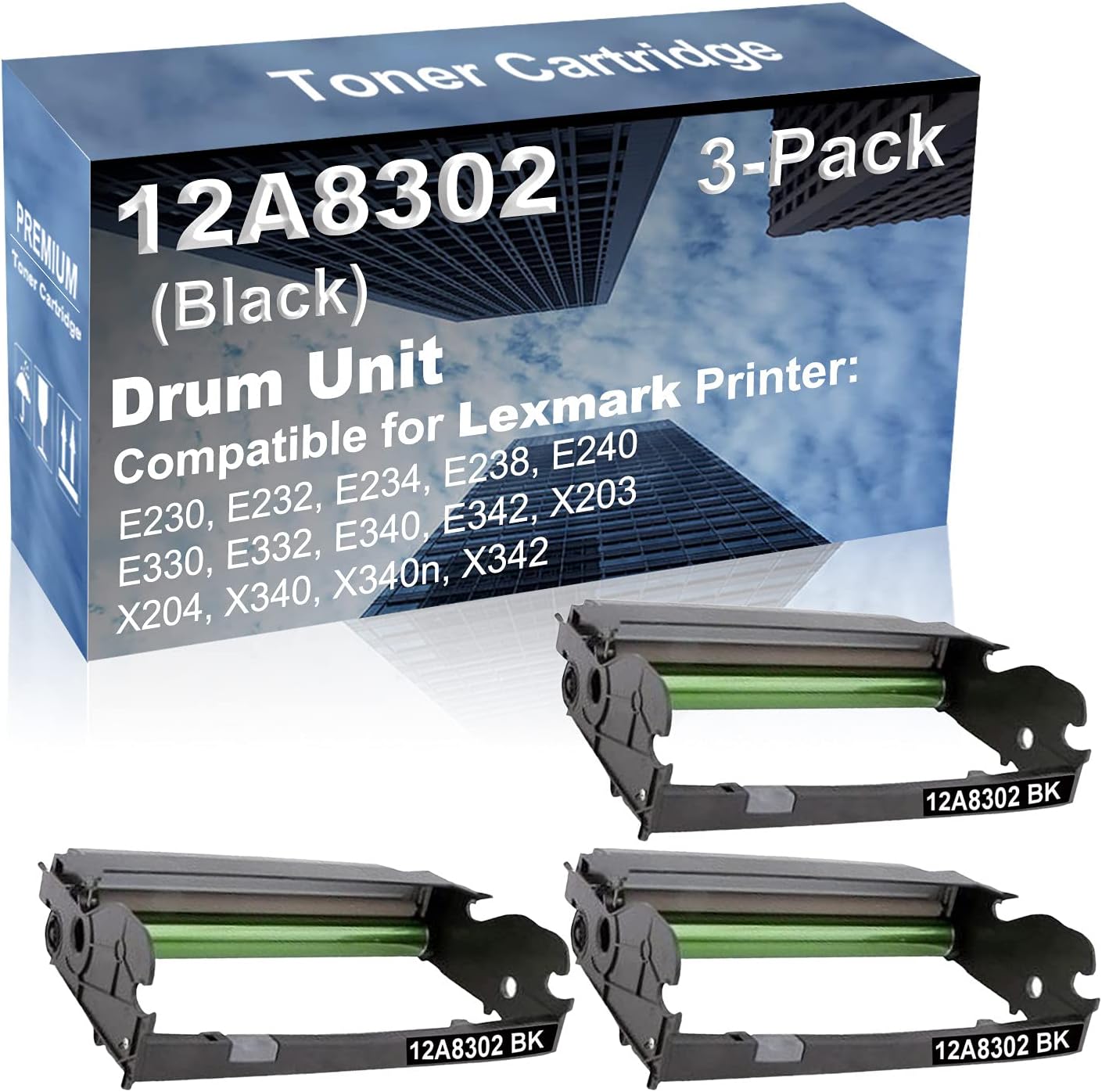 3-Pack Compatible Drum Unit (Black) Replacement for Lexmark 12A8302 X340H22G Drum Kit use for Lexmark X203, X204, X340, X340n, X342 Printer