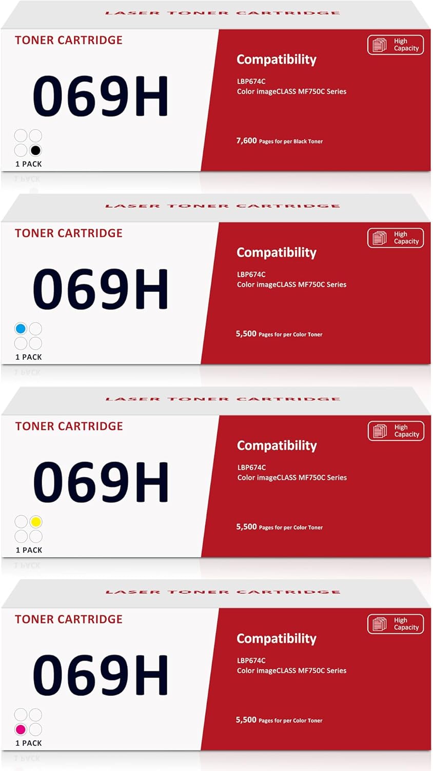 069 H 4-Pack Toner Cartridges High Capacity - Black, Cyan, Magenta, Yellow Toner Replacement for Canon 069 Toner Cartridges Compatible with Canon Color imageCLASS LBP674Cdw, MF751Cdw, MF753Cdw Printer