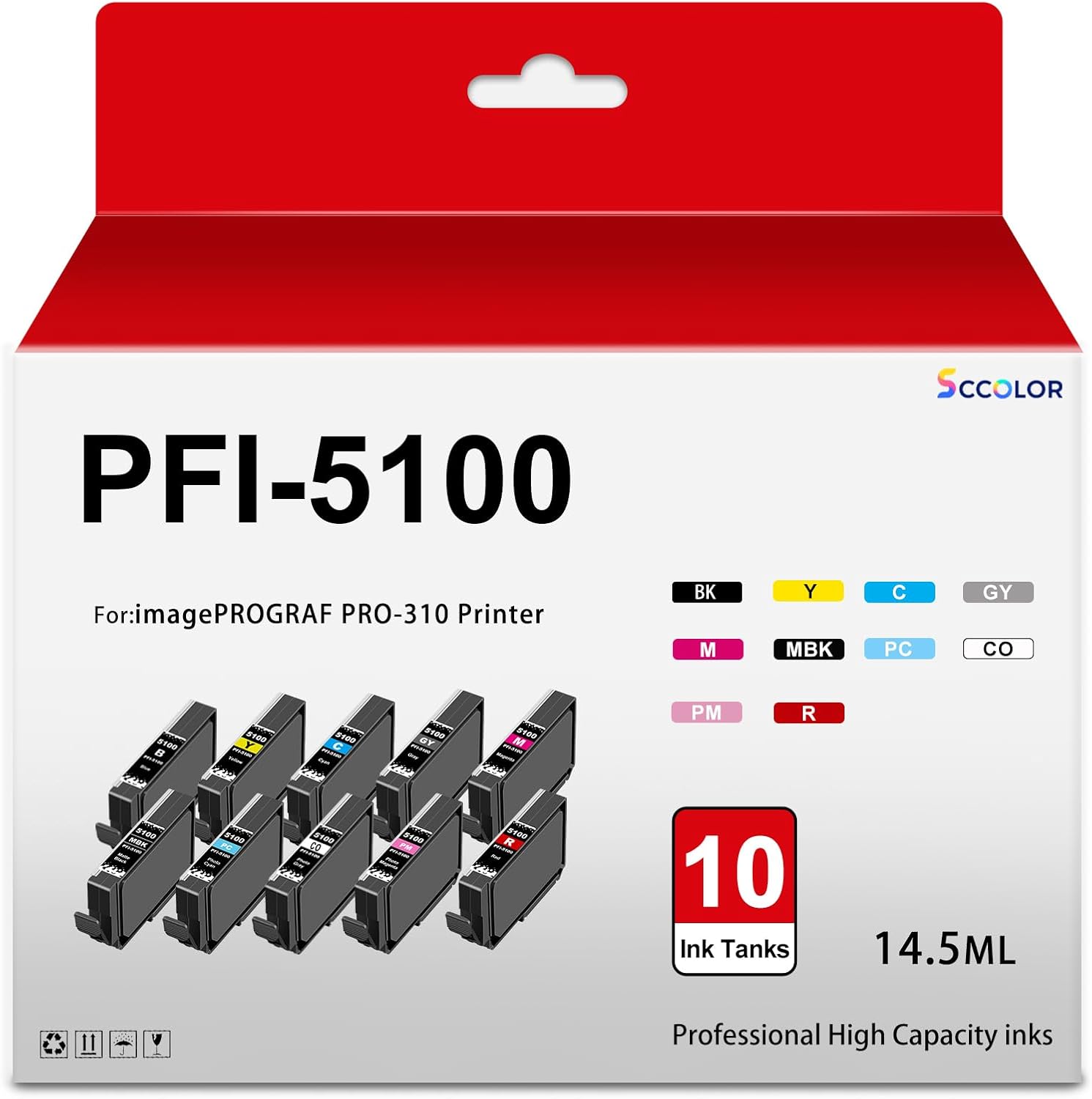 PFI5100 PFI-5100 Ink Cartridges High Capacity Replacement for Canon PRO 310 PFI 5100 Ink Cartridge for Canon imagePROGRAF PRO-310 Printer.10 Pack (MBK PBK GY PC PM CO C M Y R)