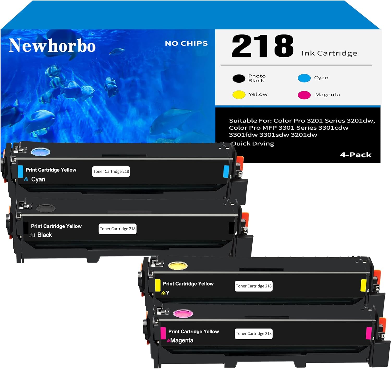 218X 218A Toner Cartridge (No Chip) Compatible Replacement for HP Color Pro MFP 3301SDW 3301CDW 3301FDW 3201DW Printer 3301 3201 Series W2180X W2181X W2182X W2183X (Black Cyan Yellow Magenta 4-Pack)