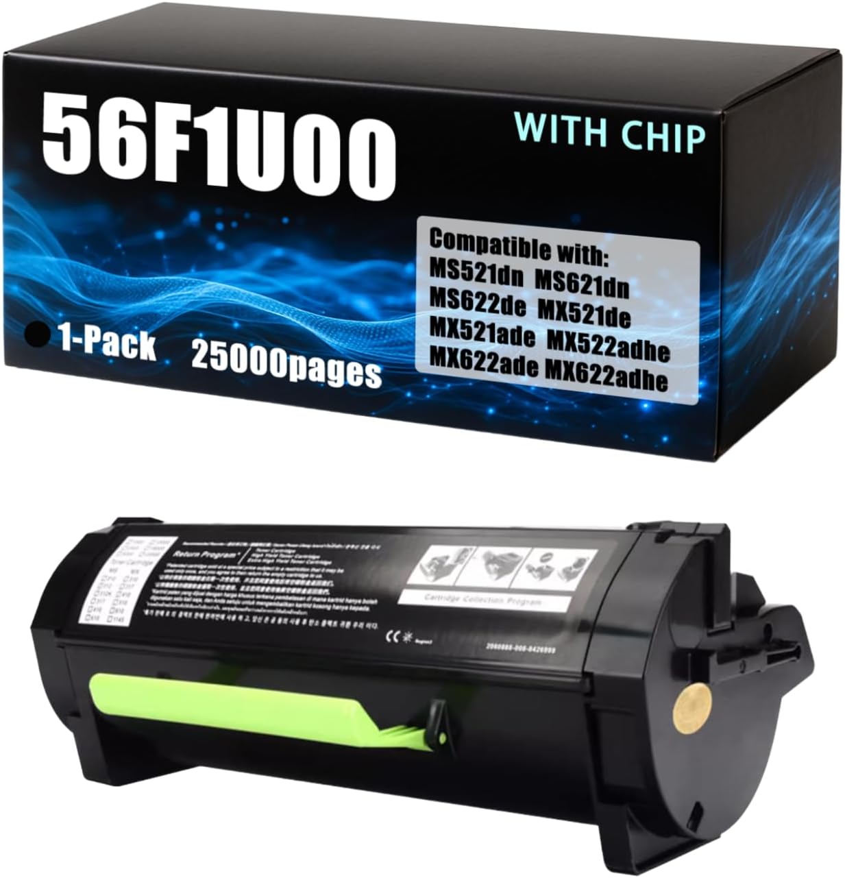 TUDOLP 56F1U00 Black Toner Cartridge (25,000 Pages) Compatible with Lexmark MS521dn, MS621dn, MS622de, MX521ade, MX521de, MX522adhe, MX622ade, MX622adhe Series Printers (1-Pack, with Chip)