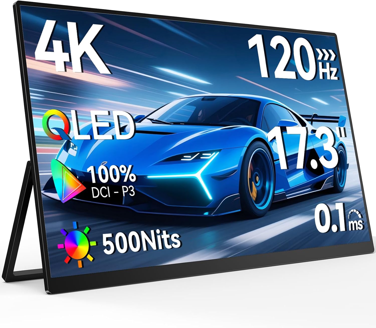 Newsoul 4K QLED Portable Monitor 120Hz Gaming Monitor, 100% DCI-P3 | 2000:1 Contrast | Fast IPS 0.1ms, Built-in Stand | VESA | Speaker, USB-C HDMI Portable Screen for Laptop, Phone, Game Console