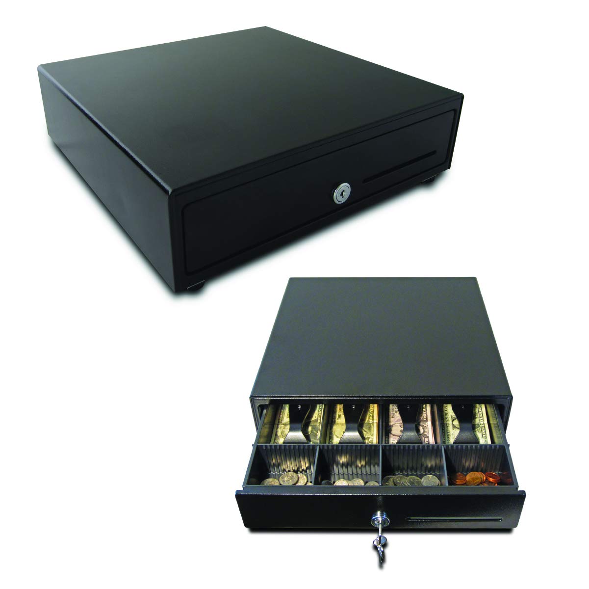 APG Standard- Duty 13” Electronic Point of Sale Cash Drawer | Vasario Series VB320-1-BL1313-B27 | with CD-101A Cable | Printer Compatible | Plastic Till with 4 Bill/ 4 Coin Compartments | Black