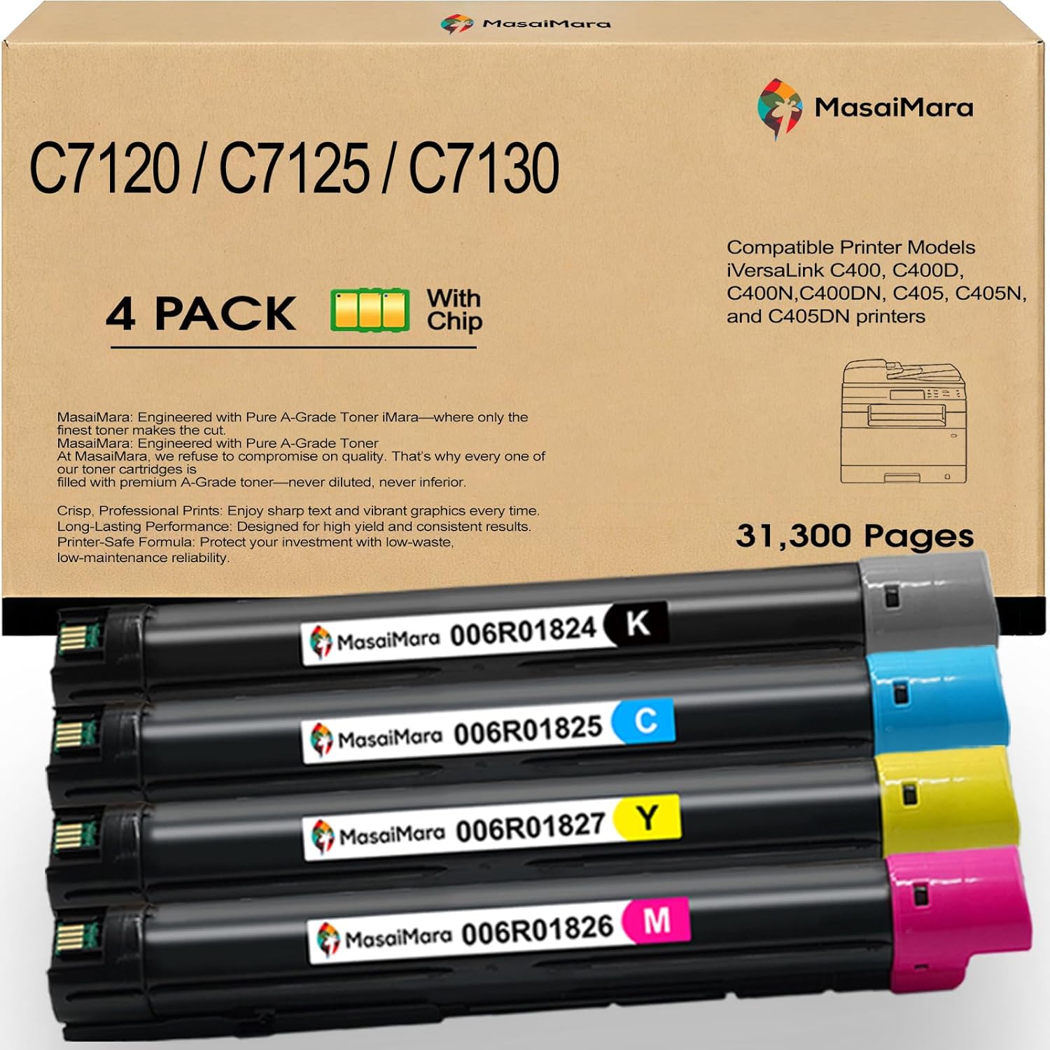 MasaiMara High Capacity C7120 C7125 C7130 006R01824 006R01825 006R01826 006R01827 Compatible Toner Cartridges for Xerox Versalink C7120 C7125 C7130 Printer (Black Cyan Magenta Yellow, 4-Pack)