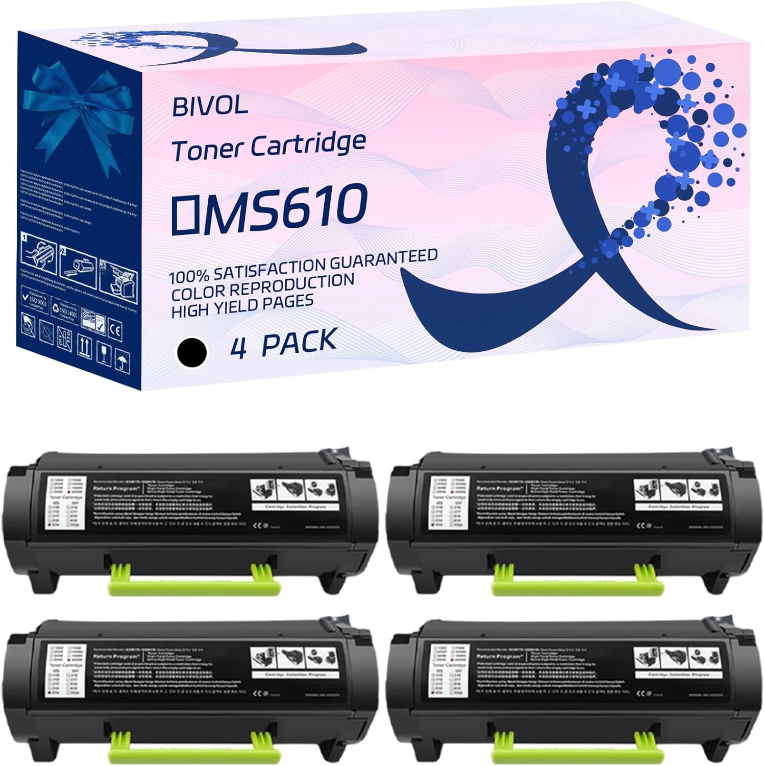 BIVOL MS610 Toner Cartridge Compatible for Lexmark MS410d MS410dn MS510dn MS610de MS610dte MS610dtn Printers, with Chip, High Yield 20000 Pages, Vivid Colors (4 Pack Black)