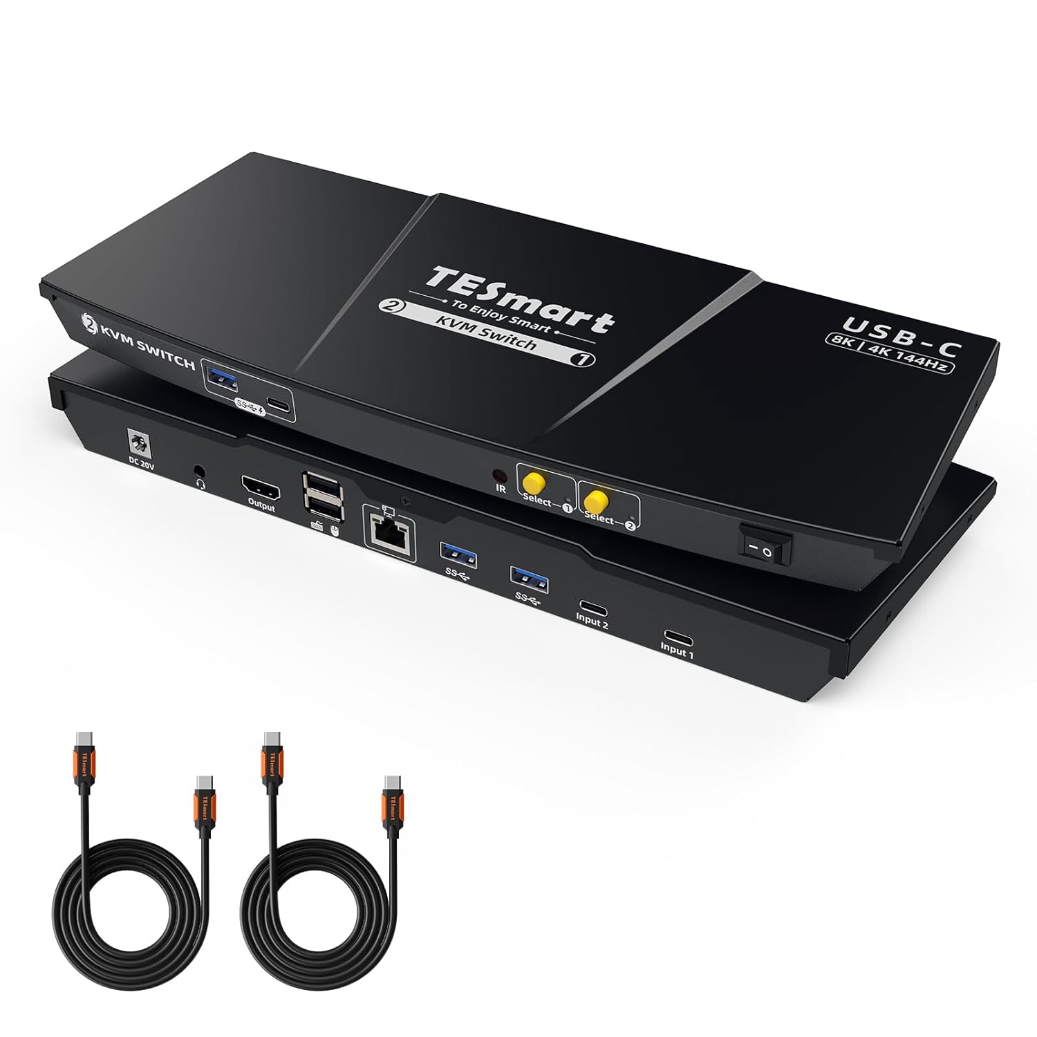 TESmart USB C 8K@60Hz KVM Switch 2 Laptops 1 Monitor, USB3.0 KVM Switch 2 Ports 4K@144Hz, Type C 60W Charging for Laptop, 1G Ethernet, EDID Emulators, Hotkey Switch, ADI Chip for Gaming & Home Office