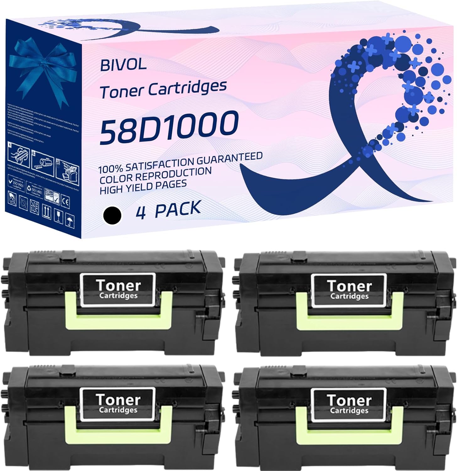 BIVOL 58D1000 Toner Cartridges Compatible for Lexmark MX721ade 721adhe 722ade 722adhe 725 822ade 822adxe 826ade 826adxe Printers, with Chip, High Yield 7500 Pages, Vivid Colors (4 Pack Black)