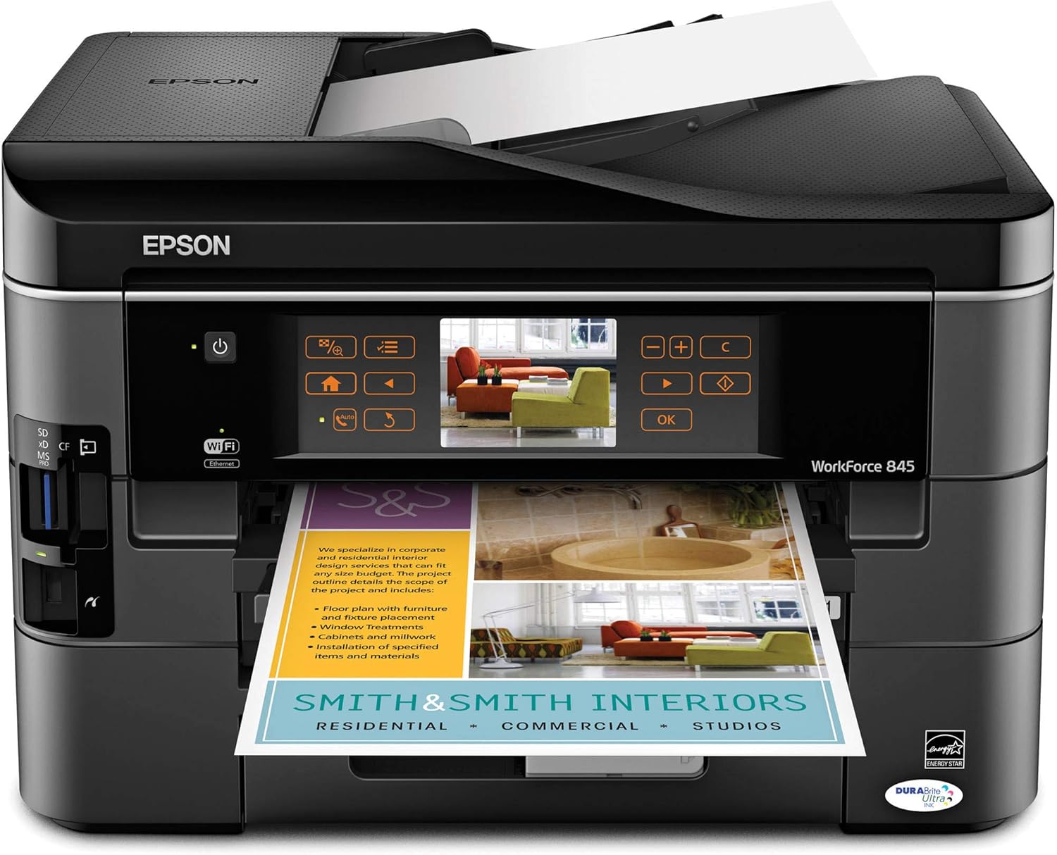 Epson WorkForce 845 Wireless All-in-One Color Inkjet Printer, Copier, Scanner, Fax, iOS/Tablet/Smartphone/AirPrint Compatible (C11CB92201)