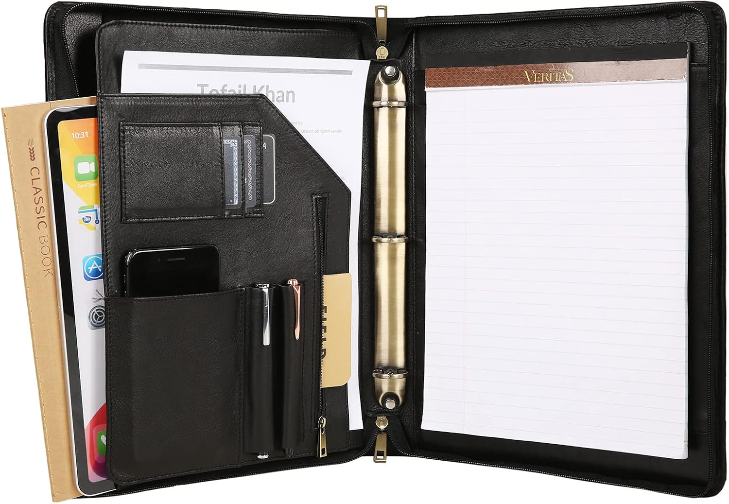 Genuine Leather Binder, Oil Tanned Leather 3 Ring Portfolio Organizer, Personalized Padfolio Folder with Name/Logo Engraved (Black, Custom)