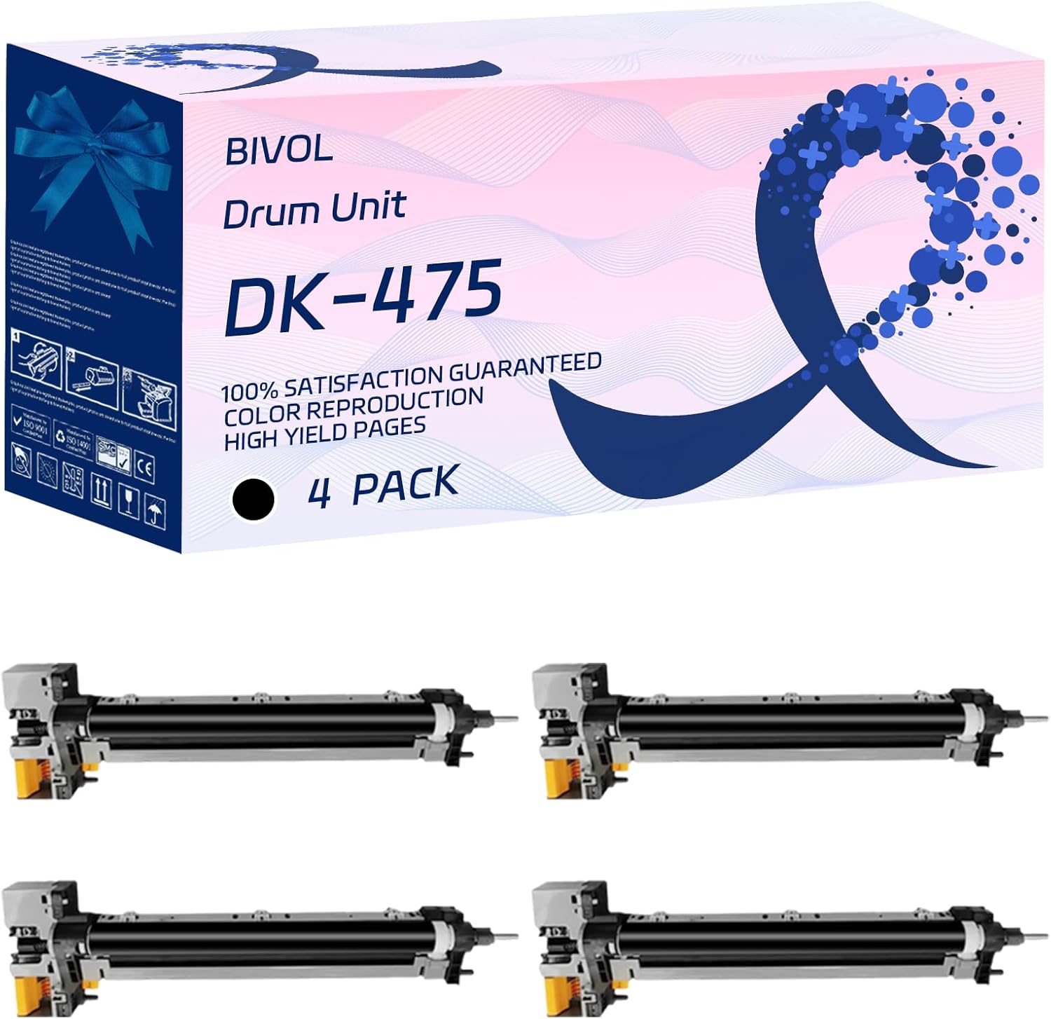 BIVOL DK-475 Drum Unit Compatible for Copystar CS255 CS305 Printers, with Chip, High Yield 400000 Pages, Vivid Colors (4 Pack Black)