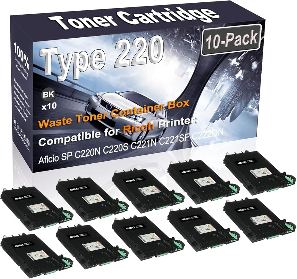 Kolasels 10-Pack (Black) Compatible Aficio SP C220N C220S C221N C221SF C222DN Waste Toner Container Box (High Capacity) Replacement for Ricoh 406043 Type 220 Laser Printer Cartridge