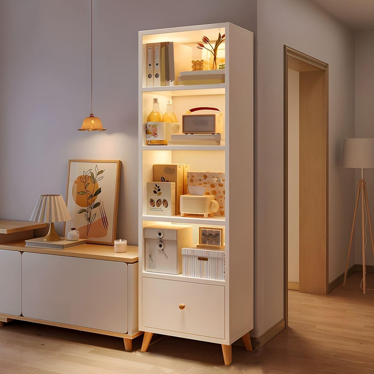 CraftThink Bookcase, Modern Display Cabinet with Drawers & Closed Back Wooden Storage Cabinet, Freestanding Bookshelf Storage Cabinet for Home Office, Without Doors, White 19.5